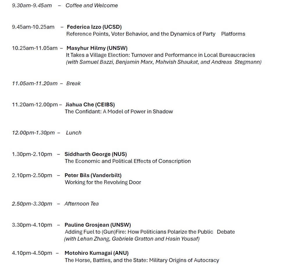 Gabriele Gratton (@grattonecon) on Twitter photo 📢 So much looking forard to this year's APEN Workshop.
When: Nov 8
Where: Sydney Uni
(org. by <a href="/ashaniamar/">Ashani Amarasinghe</a> <a href="/AndrewWait2006/">Andrew Wait</a>)
Program: 👇👇👇👇👇👇 📢 So much looking forard to this year's APEN Workshop.
When: Nov 8
Where: Sydney Uni
(org. by <a href="/ashaniamar/">Ashani Amarasinghe</a> <a href="/AndrewWait2006/">Andrew Wait</a>)
Program: 👇👇👇👇👇👇