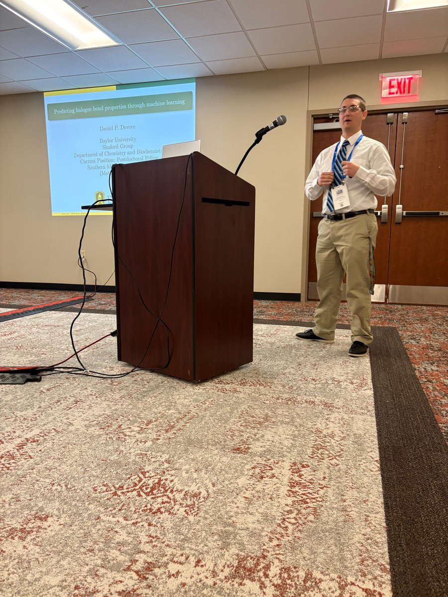 Daniel_Devore97's tweet photo. I am proud to have represented @BaylorCBC and @SMU_Chemistry while presenting my work on #halogenbonds through #MachineLearning at the @swrmacs conference in Waco, Texas today https://t.co/FeS0SehLTm