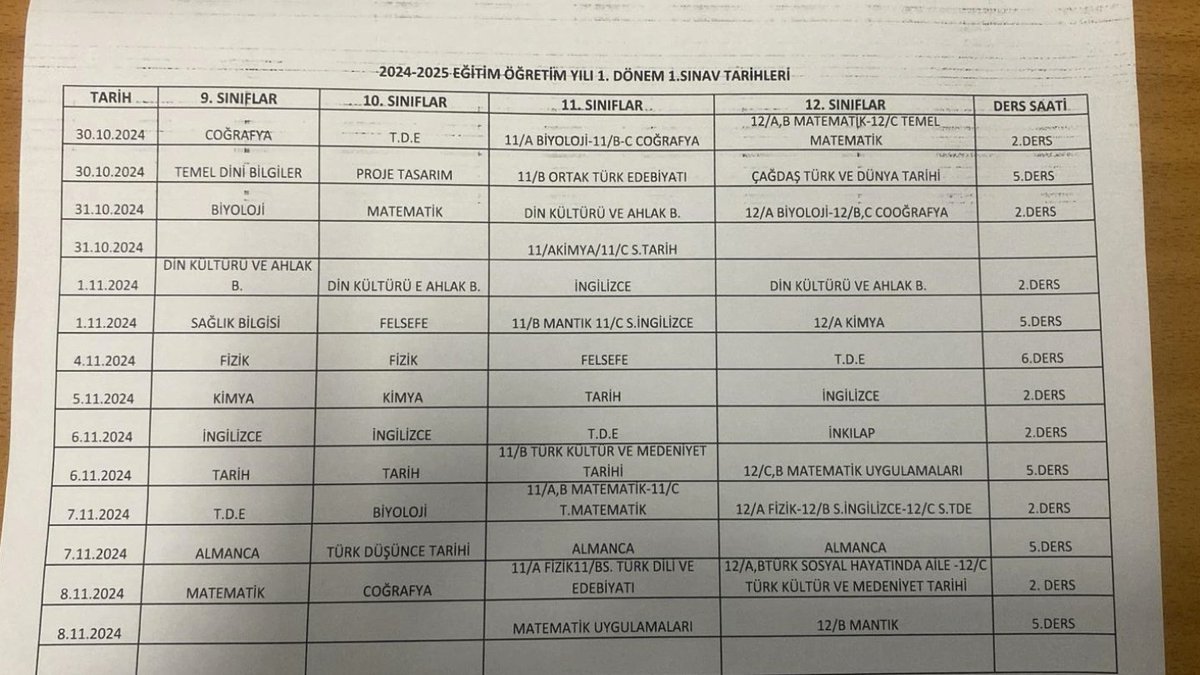 2024/2025 Eğitim Öğretim yılı 1.dönem 1.yazili tarihleri