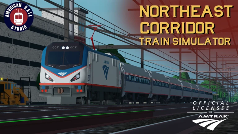 Thumbnail for the Roblox game, "Northeast Corridor Train Simulator", owned by American Rail Studio. In-game photo features an ACS64 locomotive leading a Northeast Regional train southbound through Metuchen, NJ.