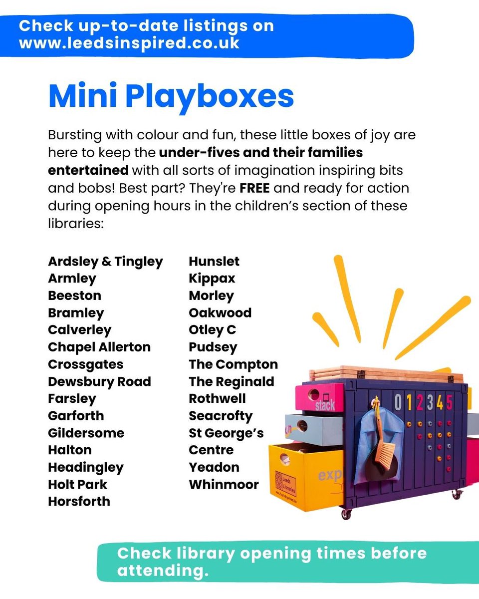 PlayfulAnywhere (@playfulanytime) on Twitter photo Daily Play during Leeds Festival of Play & Creativity 25th Oct - 3rd November
(Check some might need advance booking)
Mini Playboxes across <a href="/leedslibraries/">Leeds Libraries</a>
#LeedsPlayFest Daily Play during Leeds Festival of Play & Creativity 25th Oct - 3rd November
(Check some might need advance booking)
Mini Playboxes across <a href="/leedslibraries/">Leeds Libraries</a>
#LeedsPlayFest