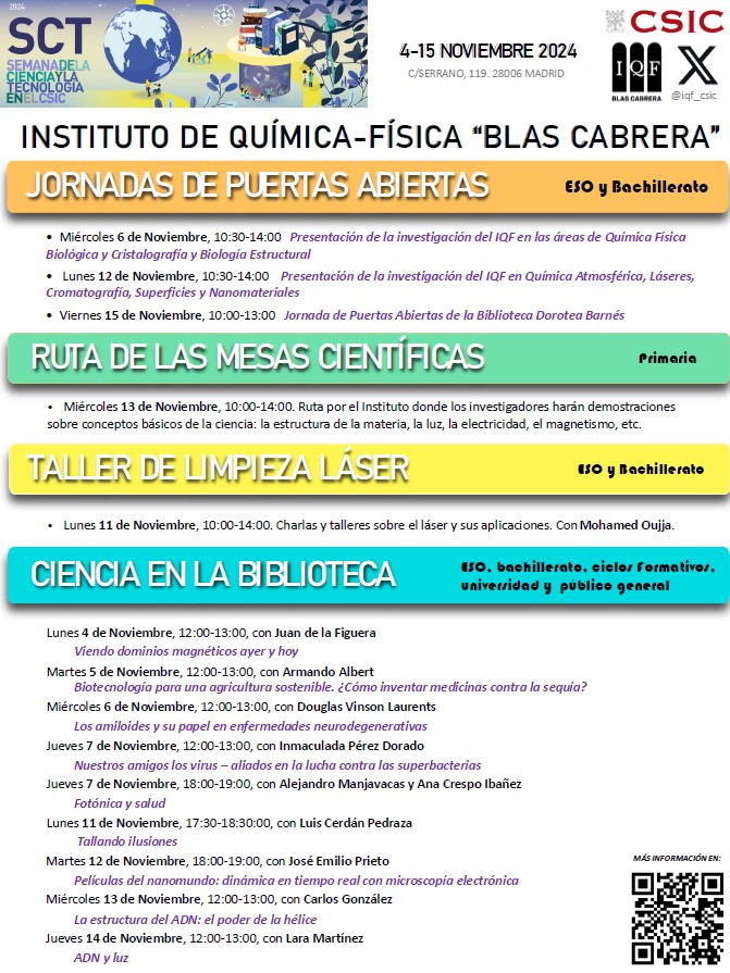 Se acerca la #semanadelaciencia2024 y en el #iqf tenemos programadas un montón de actividades. Algunas son de acceso libre pero para otras es necesaria reserva. 

Toda la info aquí:
iqf.csic.es/es/ciencia-soc…