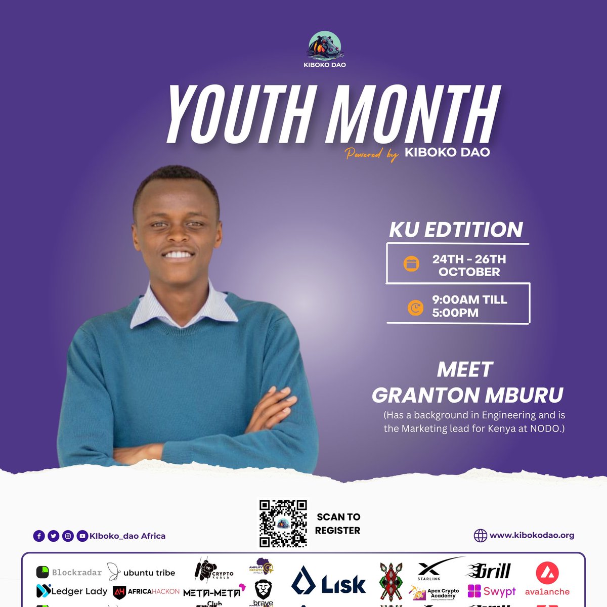 🚀 #MeetOurSpeakers

Granton Mburu has a background in Engineering and is currently the Marketing Lead for Kenya at NODO, a Web 3 community-backed prediction market platform. He is actively involved in tech-related operations, combining his technical expertise with