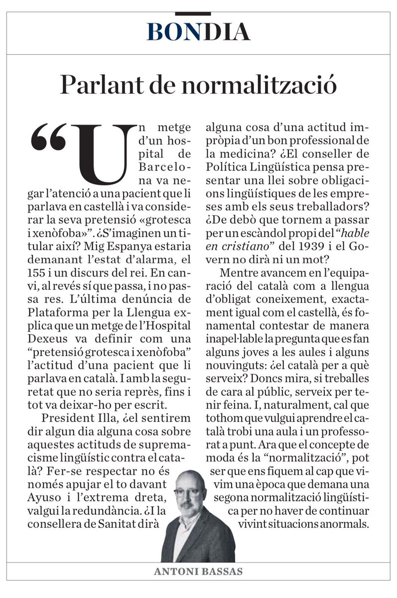 Jordi Fà brega 🎗 (@jorfabrega) on Twitter photo 'Parlant de normalització'
(<a href="/antonibassas/">Antoni Bassas</a>) 👇
'De debò que tornem a passar per un escà ndol propi del "hábleme en cristiano" propi del 1939 i el <a href="/govern/">Govern de Catalunya</a> no dirà ni un mot?'
Per això <a href="/JuntsParlament/">Junts Parlament</a> hem demanat compareixences i explicacions parlamentà ries. 'Parlant de normalització'
(<a href="/antonibassas/">Antoni Bassas</a>) 👇
'De debò que tornem a passar per un escà ndol propi del "hábleme en cristiano" propi del 1939 i el <a href="/govern/">Govern de Catalunya</a> no dirà ni un mot?'
Per això <a href="/JuntsParlament/">Junts Parlament</a> hem demanat compareixences i explicacions parlamentà ries.
