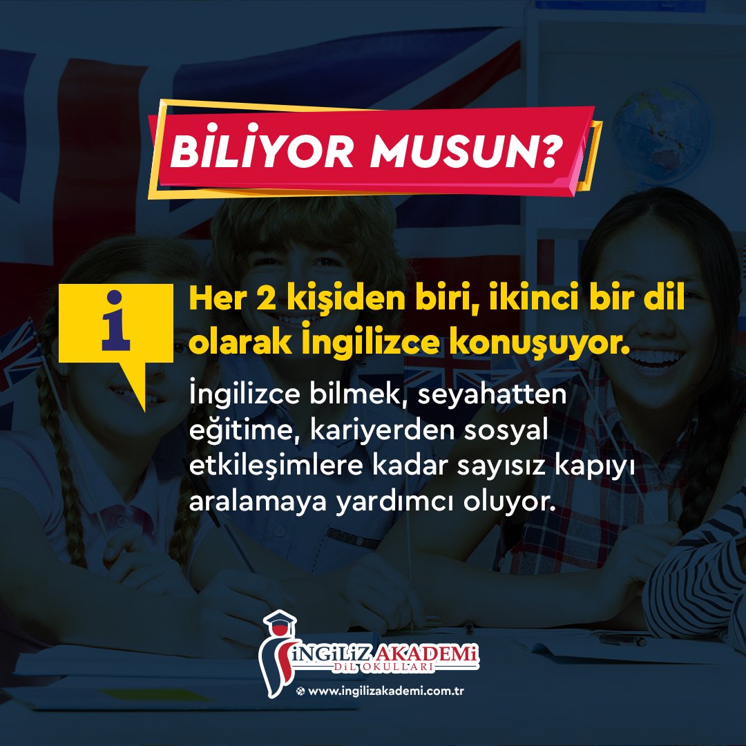 Her 2 kişiden biri, ikinci bir dil olarak İngilizce konuşuyor. 

#biliyormusun #ingilizce #dünyayauzakkalma #ingilizce #ingilizakademi #ingilizakademidilokulları