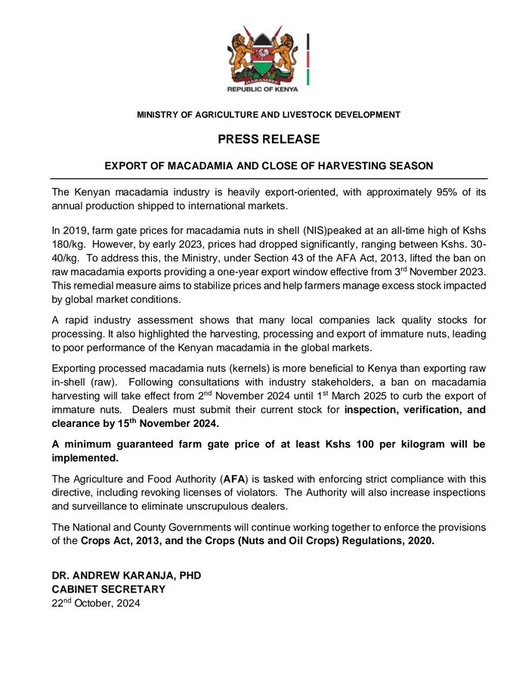 prettydoll672's tweet photo. The Ministry of Agriculture has announced a ban on the harvesting of raw macadamia nuts from November 2, 2024, to March 1, 2025, in order to prevent the export of immature nuts.
#cusumenergy
#responsibleharvesting
#qualitynuts
#agriculture https://t.co/tS9ku48VPy