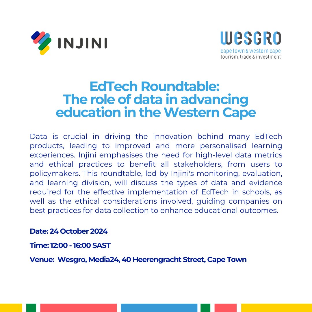 Injini (@injiniedtech) on Twitter photo 🚀 Reminder to RSVP for our in-person EdTech Roundtable, hosted in partnership with <a href="/Wesgro/">Wesgro - Cape Town & the Western Cape</a>.
📅 Date: 24 October 2024
📍 Venue: Wesgro, Media24, 40 Heerengracht Street, Cape Town
⏰ Time: 12:00 - 16:00 SAST
🔗 RSVP here: bit.ly/EdTechRoundTab…
See you tomorrow! 🚀 Reminder to RSVP for our in-person EdTech Roundtable, hosted in partnership with <a href="/Wesgro/">Wesgro - Cape Town & the Western Cape</a>.
📅 Date: 24 October 2024
📍 Venue: Wesgro, Media24, 40 Heerengracht Street, Cape Town
⏰ Time: 12:00 - 16:00 SAST
🔗 RSVP here: bit.ly/EdTechRoundTab…
See you tomorrow!