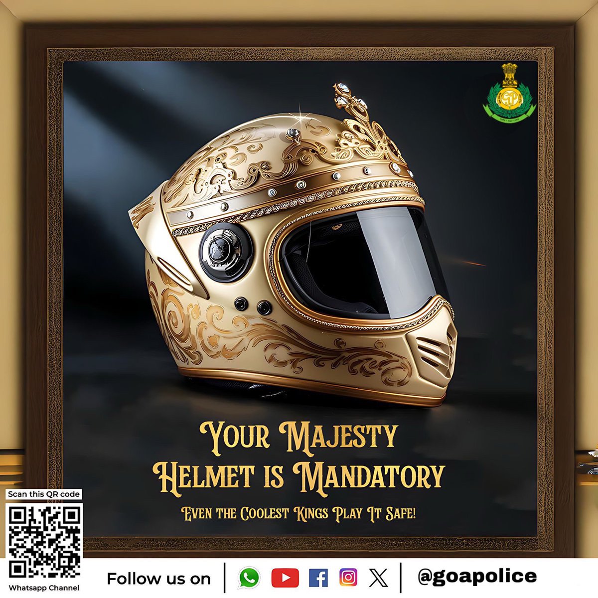 Goa_Police's tweet image. 👑 हेल्मेट ही तुमची सुरक्षा आहे!

हेल्मेट हे केवळ सुरक्षा साधन नाही, तर तुमचं संरक्षणाचं मुकुट आहे.
प्रत्येक वेळी दुचाकी चालवताना हेल्मेट चा वापर करा .

A helmet is not just gear; it’s your crown of safety.
Prioritize your protection for every ride.

#RoadSafety #goapolice