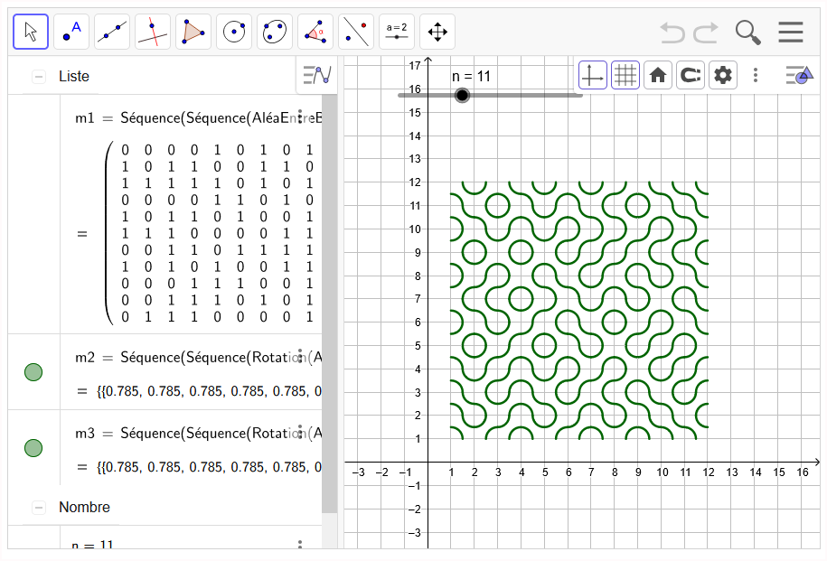 JeanBaptisteEt4's tweet photo. Pour s'amuser avec les matrices et @geogebra: 3 petits exemples pour générer des motifs aléatoires dits de "Truchet" en utilisant des "séquences".
https://t.co/daamfa9lXY
#matrix #maths #teaching #TeachingMaths #matrices #MathsExpertes #truchet https://t.co/Qmua0gJlJ4