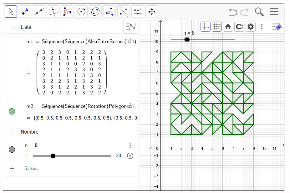 JeanBaptisteEt4's tweet photo. Pour s'amuser avec les matrices et @geogebra: 3 petits exemples pour générer des motifs aléatoires dits de "Truchet" en utilisant des "séquences".
https://t.co/daamfa9lXY
#matrix #maths #teaching #TeachingMaths #matrices #MathsExpertes #truchet https://t.co/Qmua0gJlJ4
