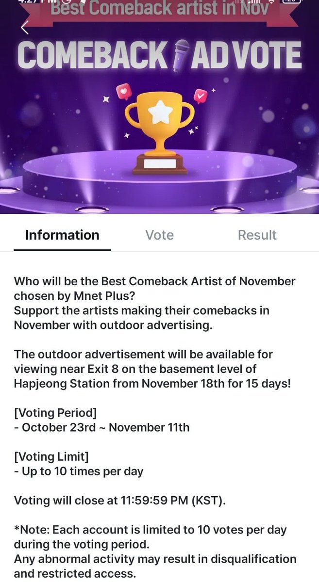 VotingEngenecy's tweet image. ENGENEs, 

ENHYPEN is nominated for Best Comeback Artist in Nov on MNET+ app. 

ENHYPEN will receive a Physical AD that will be available for viewing near Exit 8 on the basement level of Hapjeong Station. 

This is a good promotional AD for the comeback, ENGENEs! 

VOTE NOW!