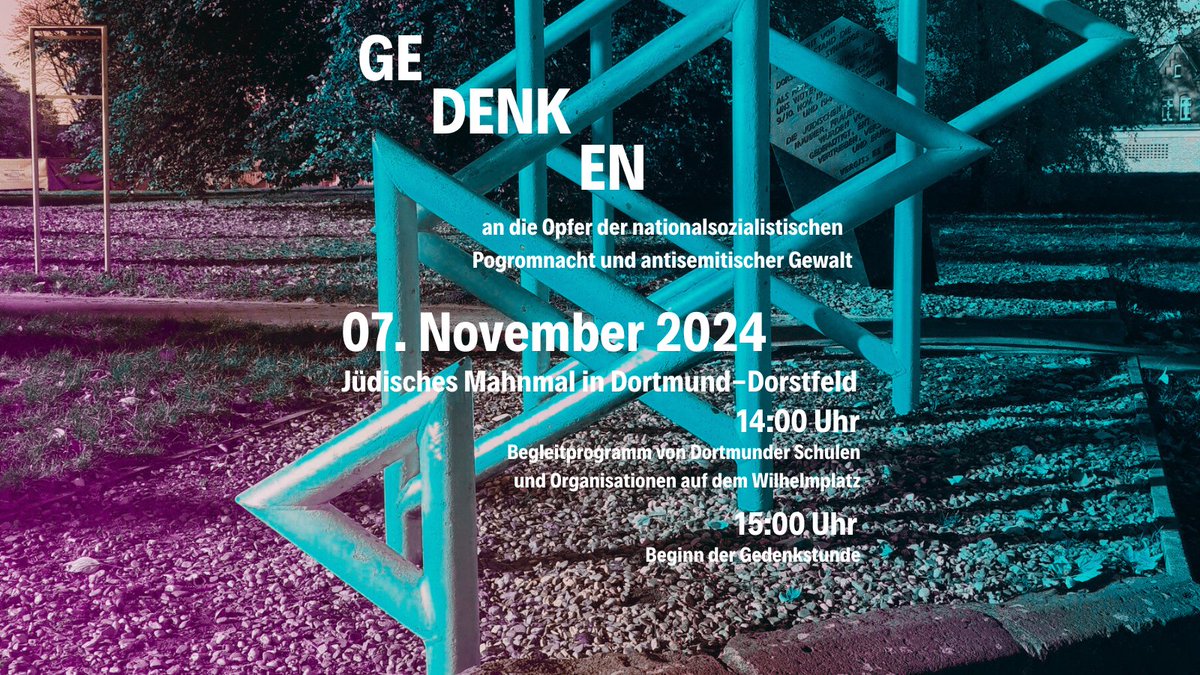 Am 7. November gedenken wir der Opfer der Pogromnacht, die sich dieses Jahr zum 86. Mal jährt. Gemeinsam setzen wir ein Zeichen gegen Antisemitismus. Kommt am Gedenken in Dortmund-Dorstfeld! Mehr Infos: acesse.dev/iK5nB.

 #NieWieder #Gedenken #Dortmund