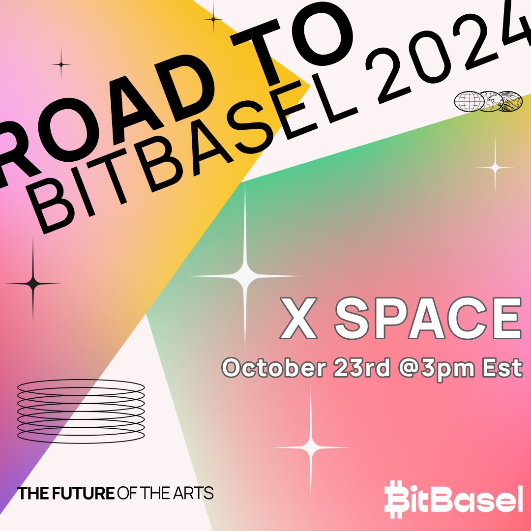Join us today as we kick off the “Road to <a href="/bitbaselart/">BitBasel</a>" X Space Series! 🙌🎙️

🗓️ Wednesday at 3pm EST

Don't forget to set your reminders below!
x.com/i/spaces/1jMKg…