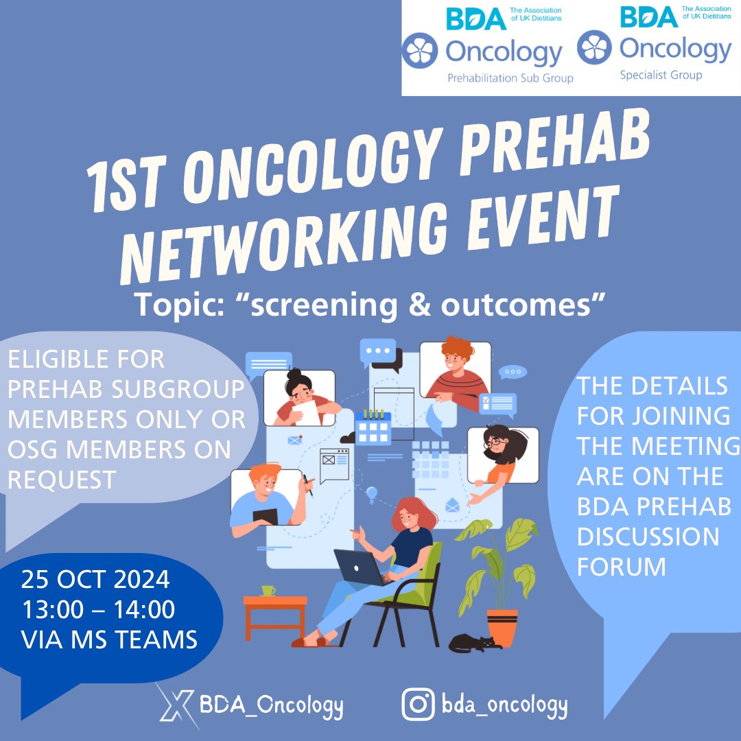 BDA Oncology Specialist Group (@bda_oncology) on Twitter photo Are you an #oncologydietitian who are working in/ interested in #prehab ? Join our 1st networking event to learn from each other & share best practise. If you are not a prehab member but would love to join, please contact us via social media or <a href="/KrishnaKholiaRD/">Krishna Kholia Parmar RD</a> .
#prehabnetwork Are you an #oncologydietitian who are working in/ interested in #prehab ? Join our 1st networking event to learn from each other & share best practise. If you are not a prehab member but would love to join, please contact us via social media or <a href="/KrishnaKholiaRD/">Krishna Kholia Parmar RD</a> .
#prehabnetwork