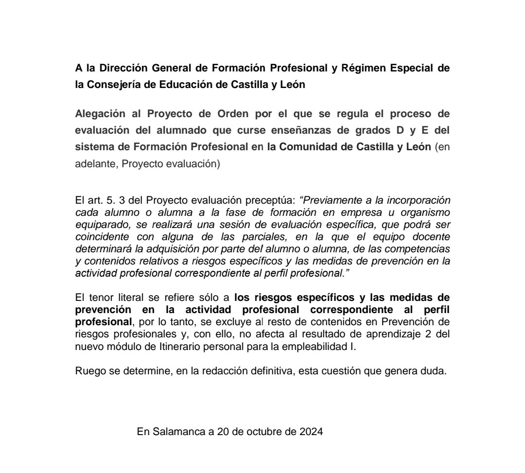 He presentado alegaciones al Proyecto de evaluación de los grados D y E <a href="/educacyl/">Educación JCyL</a> para que se aclare la duda que genera la mención  del art. 5.3 limitada a "riesgos específicos y medidas de prevención" para su evaluación previa en sesión específica ¿Sólo de estos riesgos?