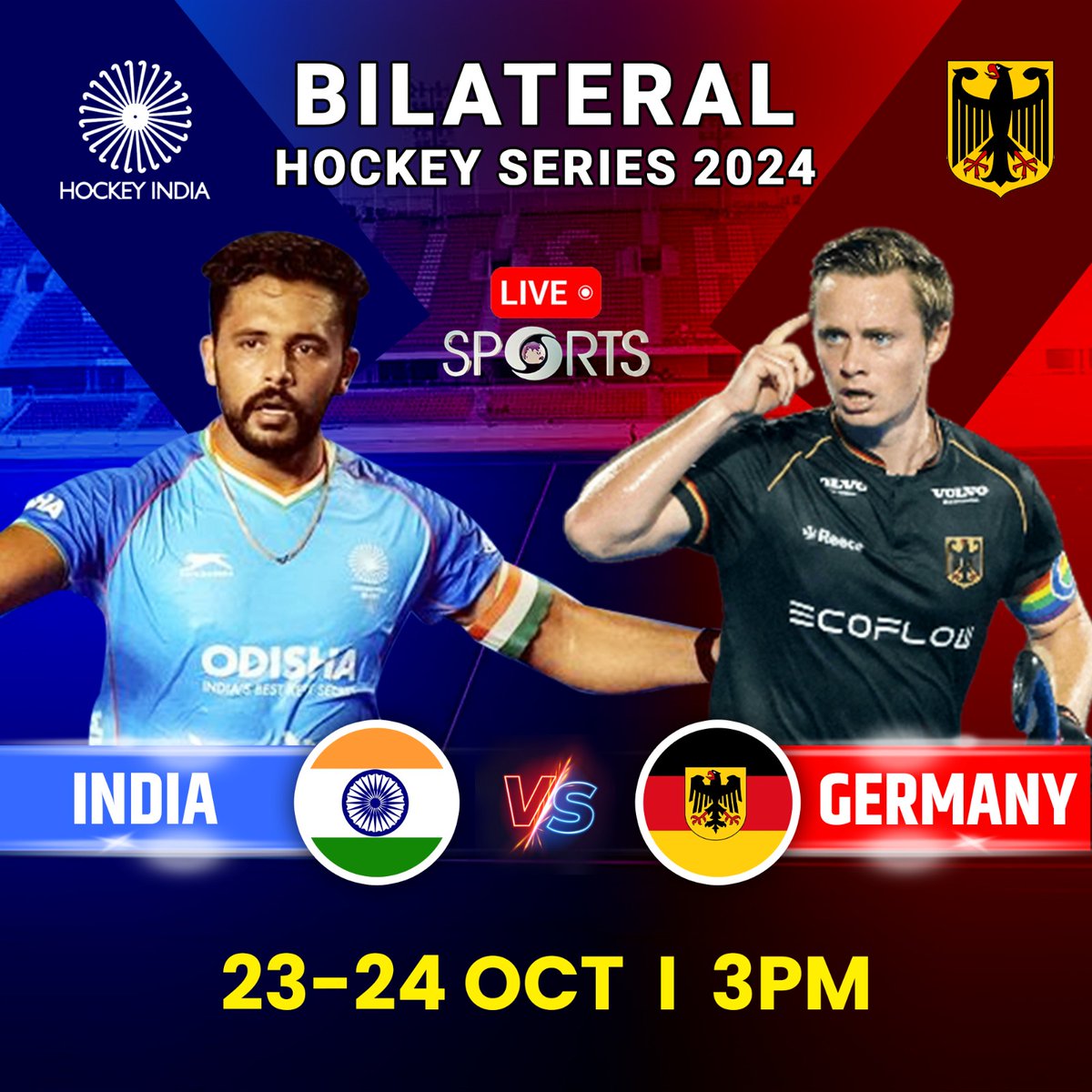 ddsportschannel's tweet photo. 𝐈𝐧𝐝 𝐯𝐬 𝐆𝐞𝐫𝐦𝐚𝐧𝐲!💪🏻
IT'S TIME ⏳
India vs Germany hockey bilateral series is here!
Oct 23 & 24 | @SAI_DhyanChand
Don't miss the excitement 😀🥳

#MenInBlue #IndianHockey #IndianSports #IndvsGermany #MajorDhyanChand

@IndiaSports @Media_SAI @13harmanpreet @TheHockeyIndia