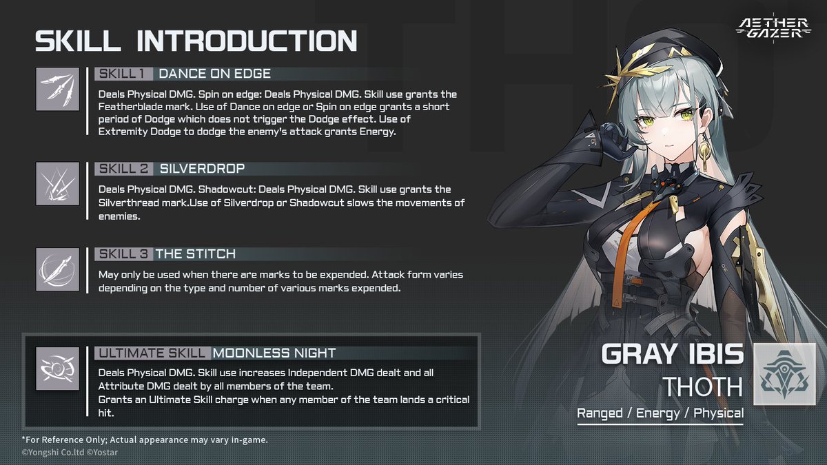 AetherGazerEN's tweet image. ⚔ Skill Introduction // Gray Ibis - Thoth

Position: Ranged / Energy
DMG Type: Physical

*Check below for more info ⬇ 

#AetherGazer #Yostar #Thoth