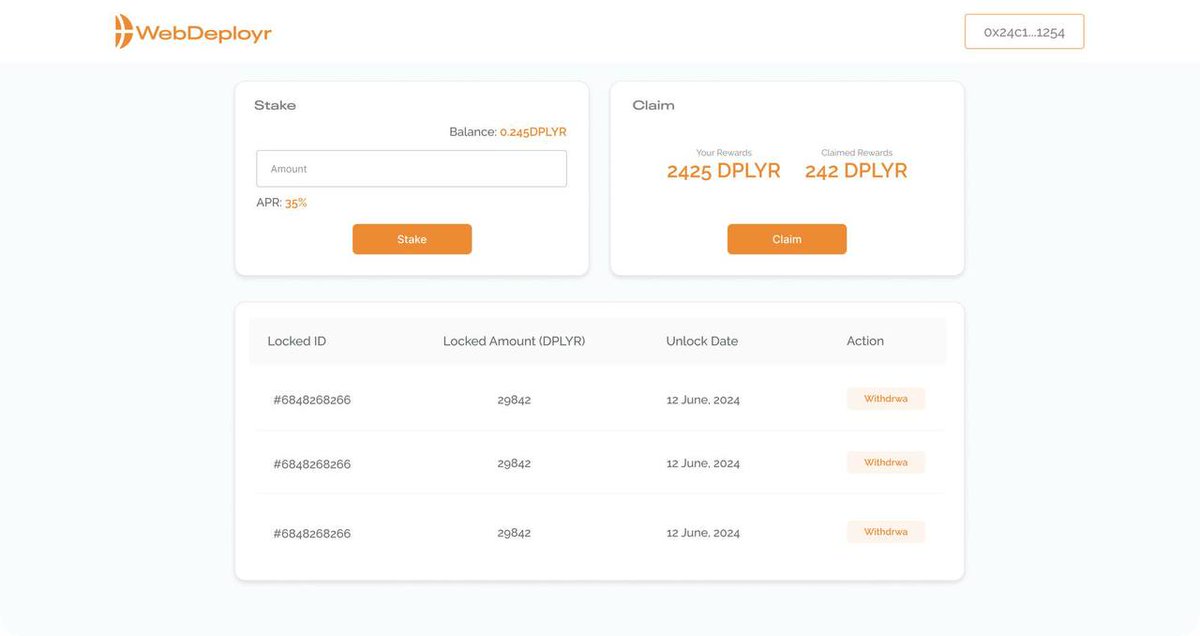 WebDeployr's tweet image. Heres is the official UI design for the $DPLYR ecosystems staking DApp! 

Development is well underway, and we’re excited to announce it will be fully integrated with the dashboard within the next 24 hours. 

We’ll be offering an attractive 30-40% APY for token stakers.