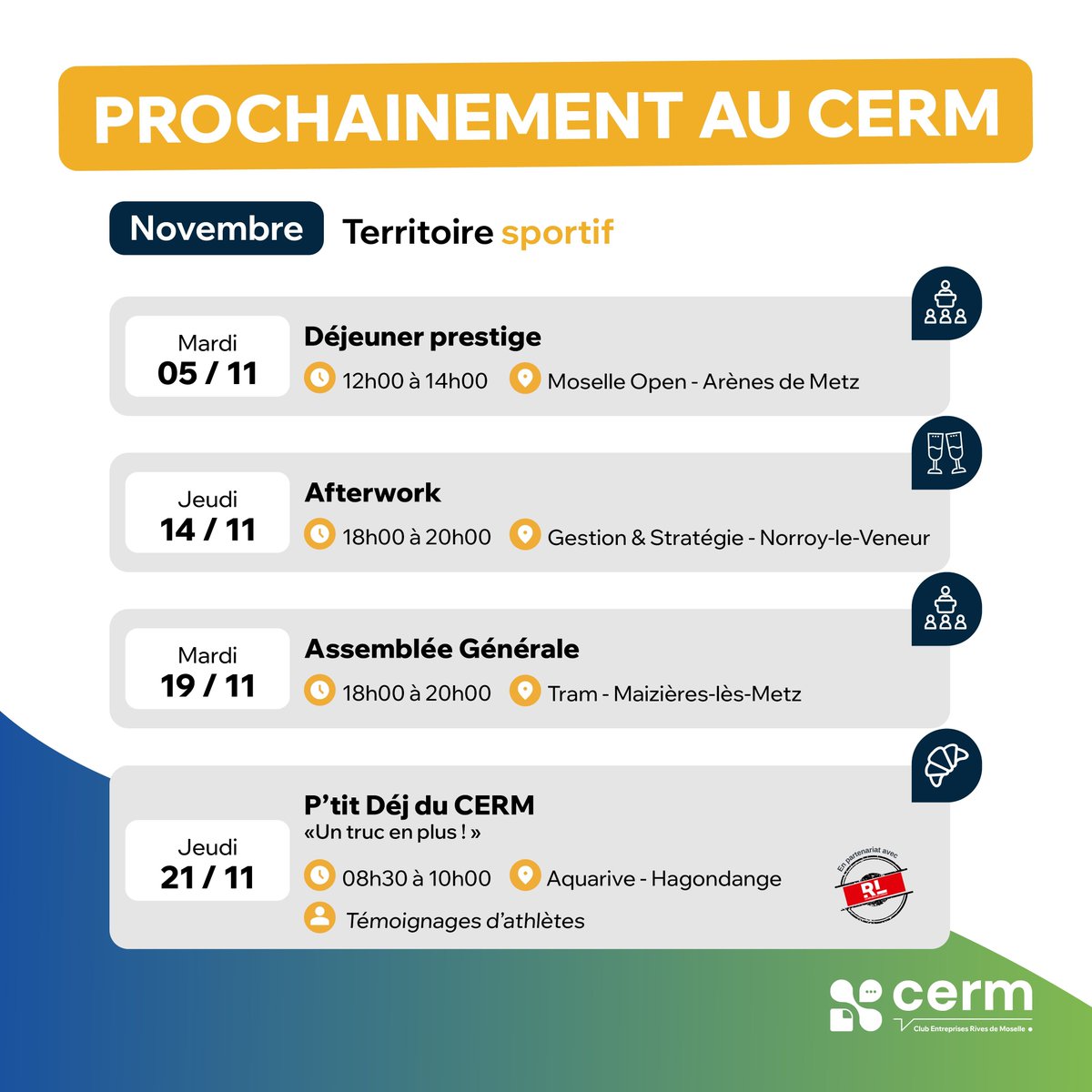 ✨ Prochainement au CERM ✨

À vos agendas ! Les dates de nos prochains événements de novembre sont là 📓

Le CERM a hâte de vous retrouver 🤭

Pour en savoir ➕ buff.ly/3Y6GOUk

#Intervenant #CreerDuLien #Evenement #CERM