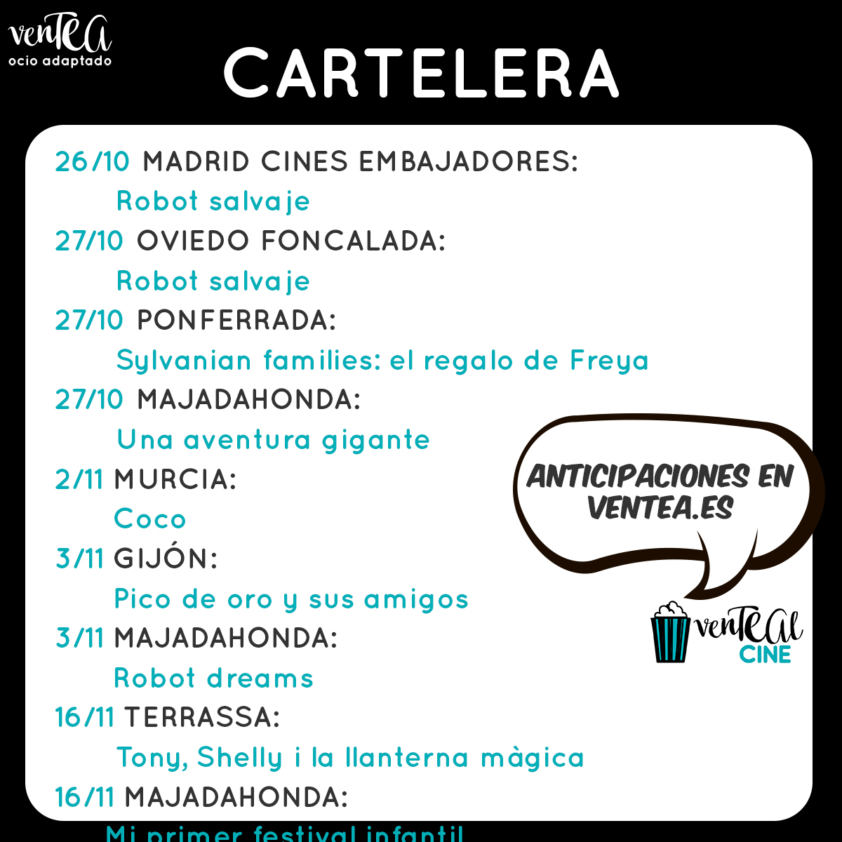 Este fin de semana tenemos cine en Madrid, Majadahonda, Oviedo y Ponferrada. ¡No te lo pierdas! #ventealcine
Info y anticipaciones en ventea.es/cartelera