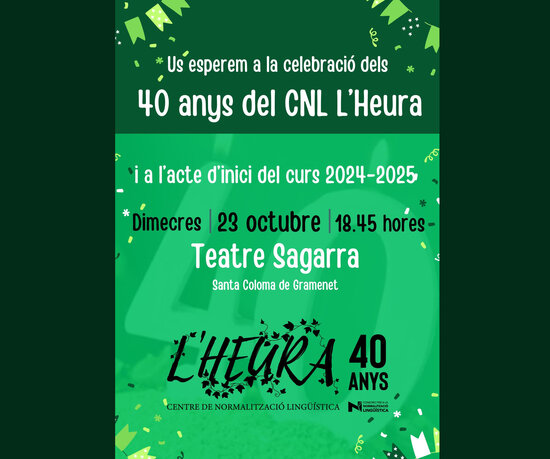 cnlheura's tweet photo. El Centre de Normalització Lingüística @cnlheura
fa 40 anys! 🎂
Ens veiem aquesta tarda al Teatre Sagarra per celebrar-ho.
@scgramenet @bibstacoloma @BibFondo @cclaietansgram @integramenet @CEPuigcastellar @elmirallnet @DiariStaColoma @InfoGramenet @liniaxarxa https://t.co/AA7iS9YGp3