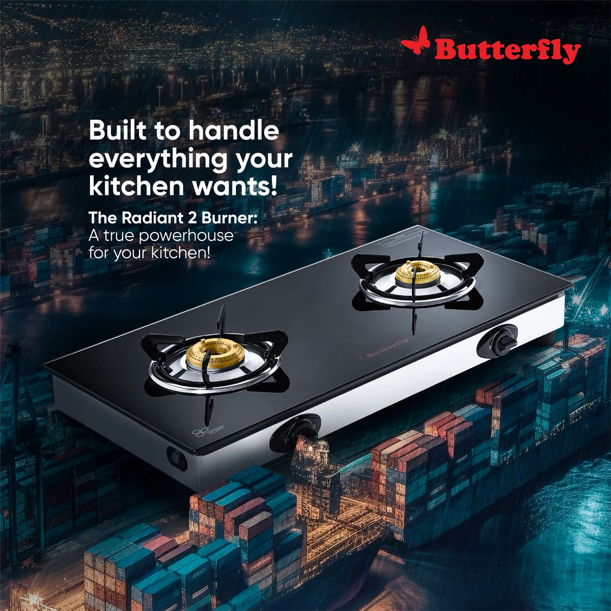 The Radiant 2 Burner Gas Stove is your reliable kitchen companion, built to handle every meal with ease. Cook with passion and strength! #ButterflyKitchen #ButterflyKitchenAppliances #HomeCookedFoodIsBetter