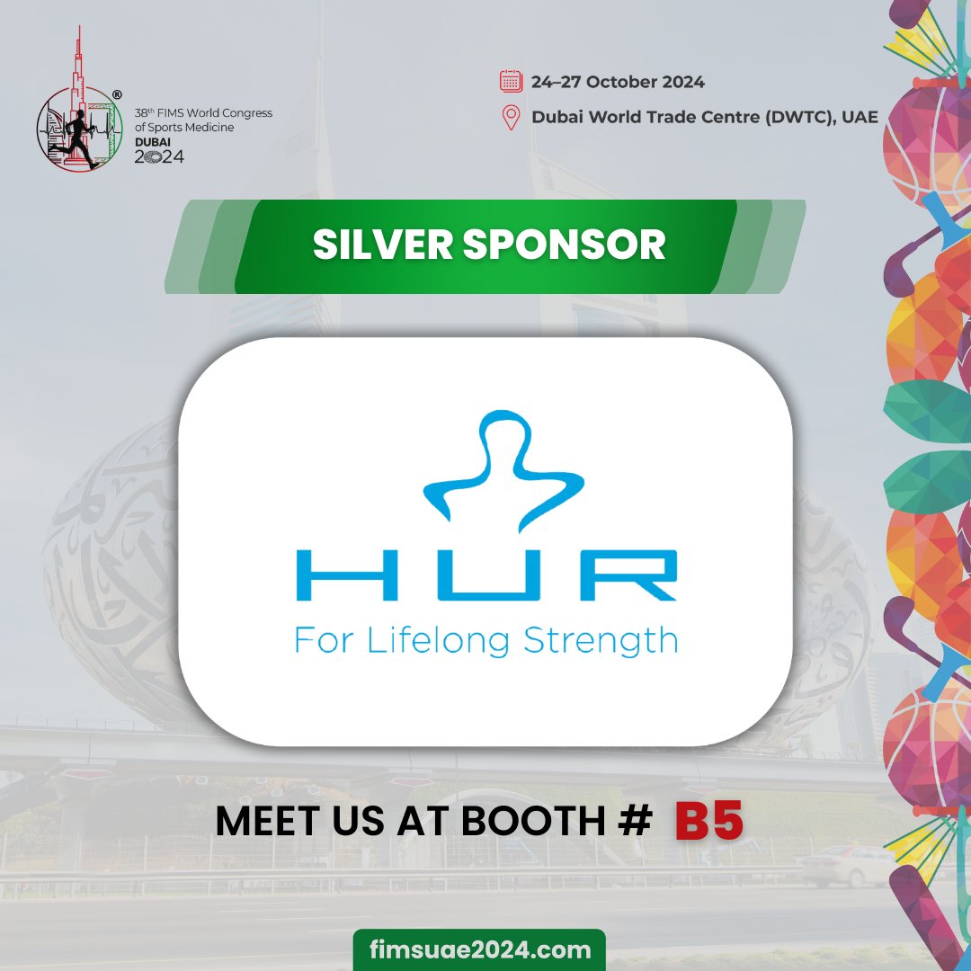 We’re excited to have HUR as a Silver Sponsor at the 38th FIMS World Congress! Visit Booth #B5 to explore their cutting-edge advancements in sports medicine and rehabilitation. 
Last day to register: fimsuae2024.com/registration/

#FIMSDubai2024 #HUR #SportsMedicine #DWTC #DubaiEvents