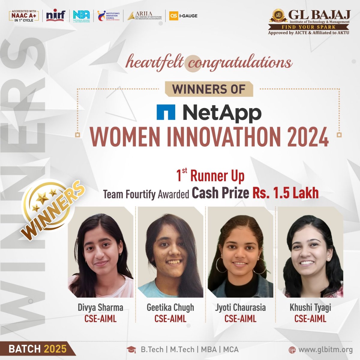 glbajaj's tweet photo. #GLBajaj Institute of Technology &amp; Management (#GLBITM) is thrilled to announce that our #team Fourtify from CSE-AIML have secured the 1st Runner-Up position in the NetApp Women #Innovathon 2024 &amp; won prize money of Rs. 1,50,000.

#NetAppInnovathon #WomenInTech #ProudMoment https://t.co/cQkeNAj15I