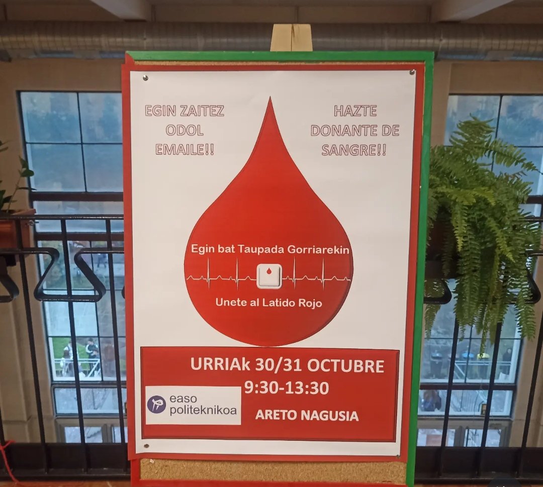 EASOPolitek's tweet photo. [eus] Urriak 30 eta 31an odola emateko aukera izango dugu ikasle eta irakasleok. 

[cas] Los días 30 y 31 de octubre el alumnado y el profesorado tendremos la oportunidad de donar sangre.

#Eginzaitezodolemaile
#haztedonantedesangre
@donantesangreuskadi https://t.co/8GPdEf40em