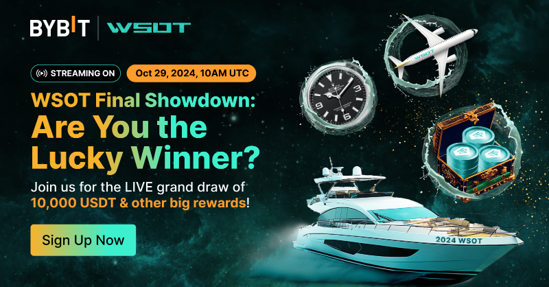 Bybit_Official's tweet photo. 🔥Join Us On Oct 29, 2024, 10AM UTC for the #WSOT2024 Livestream Giveaway!

📅Mark your calendar now — you might be the lucky winner! Plus up to 10,000 $USDT to be won!

🤘Sign Up &amp; Join Now!
