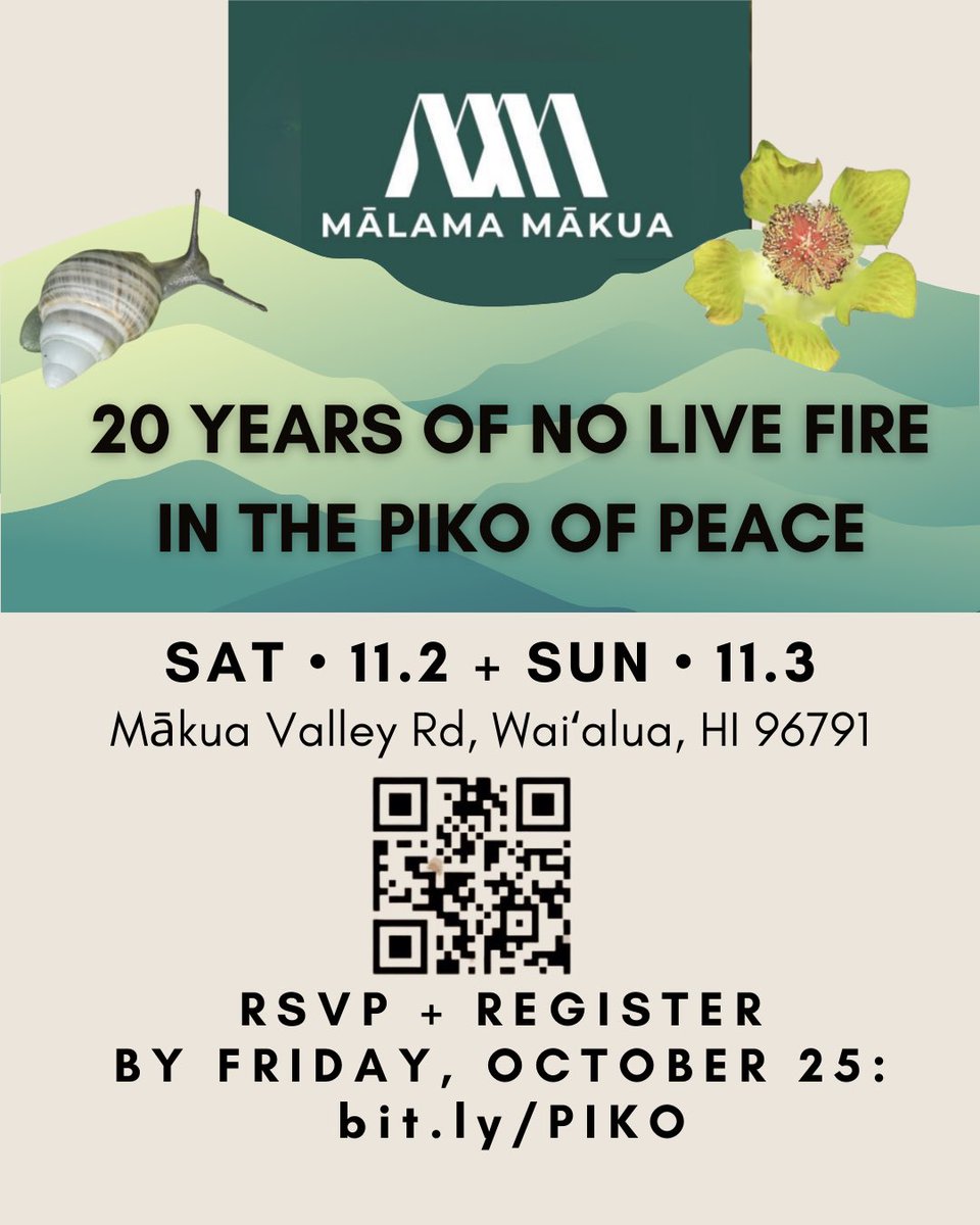 Celebrate 20 years of peace &amp; the end of live fire training in Mākua Valley! Join us Nov 2-3 for a cultural access event to honor the land’s history &amp; future. Register by Oct 25! 🔗 bit.ly/PIKO

#MākuaValley #LandBack #CommunityCelebration #MalamaMakua