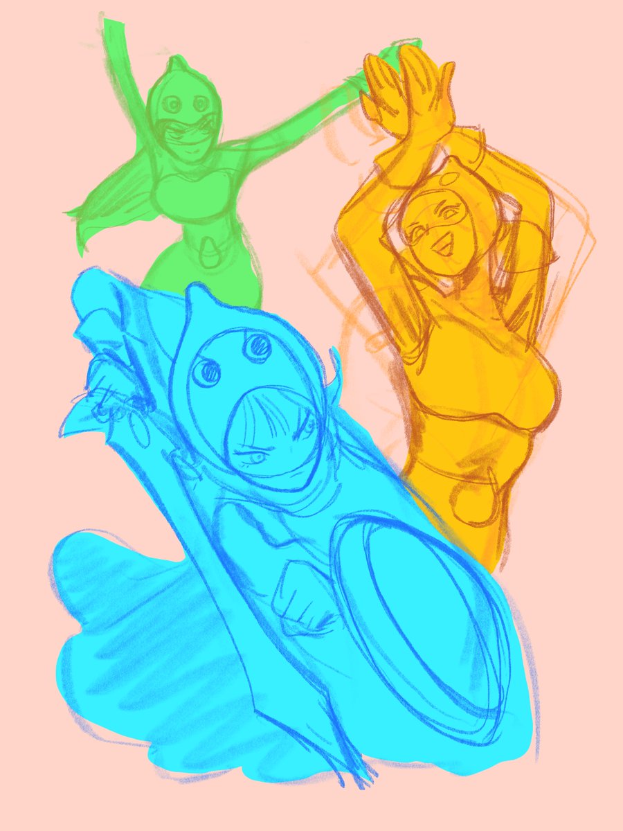 late night sketching  - some silly Darkstalkers OCs

they're a team (a Slime Stack📚) of Tokusatsu actors who were abducted by aliens! they were able to bond with their slime captors and instead decided to team up in a symbiotic relationship to become Darkhunters