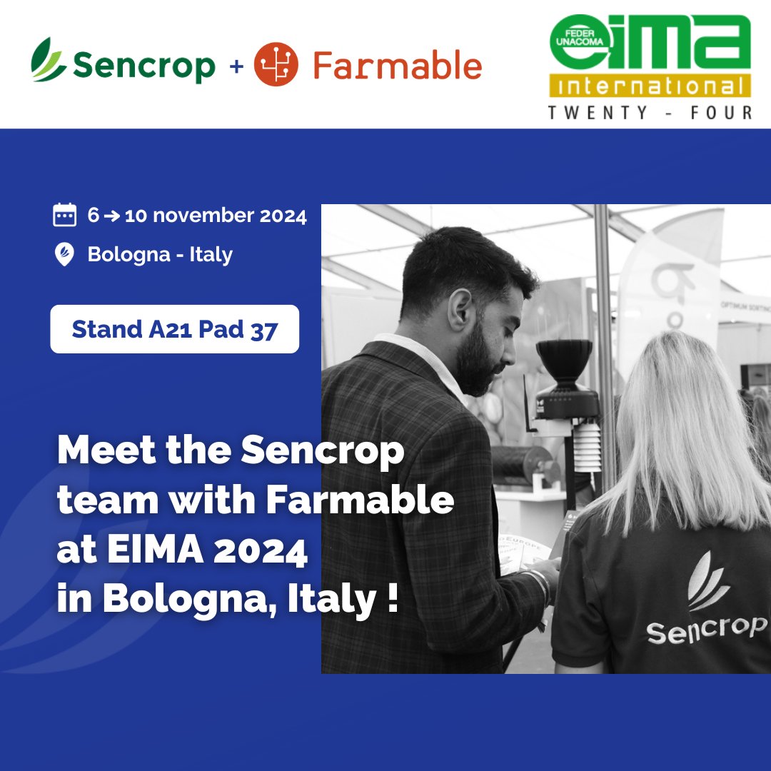 🇮🇹 Venite a conoscerci all'EIMA !

Come and meet us at EIMA from 6 to 10 November 2024 ! 

This year, Farmable will be with us on stand A21 Pad 37 to talk to you and show you our various solutions to help you on your farm every day 🌱