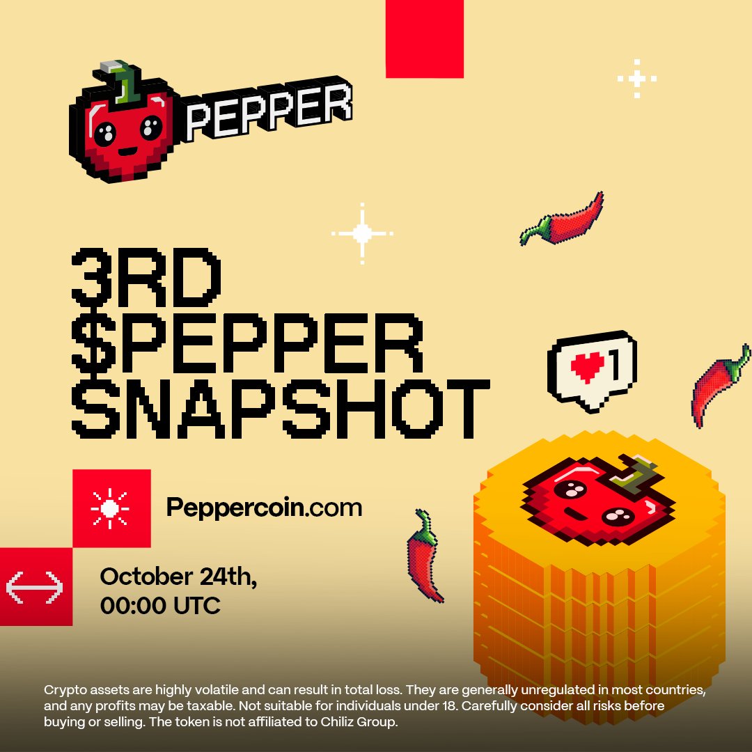 第3回 $PEPPER スナップショット 🪂🎁 Chiliz Chainまたはエアドロップを サポートする取引所で100 $CHZ  以上を保持していることを確認して下さい。 保有またはステーキングしている 1 $CHZ ごとに、1回のエアドロップで 150,000  $PEPPERがもらえます！ 🌶️ ⏰ 10月24日 ...