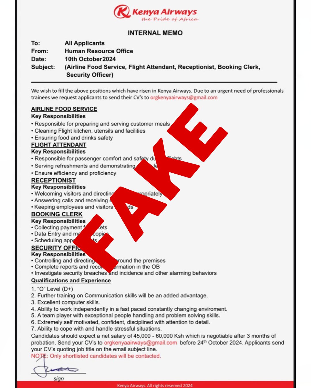 Kenya Airways on X: &ldquo;Please be aware that the message circulating 