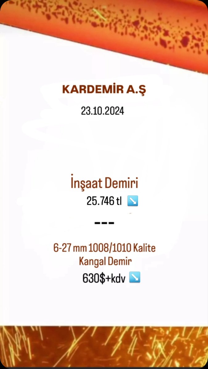 ibrahim_gul_31's tweet image. Kardemir (Karabük D.Ç) A.Ş 
23.10.2024 tarihli satış fiyatları;

Firma 2 hafta önceki liste fiyatlarında,
 İnşaat demirinde 654 tl (kdv dahil)

Kangal Demirde 10$+kdv 

İndirime gitti.

#rebar
#wirerod
