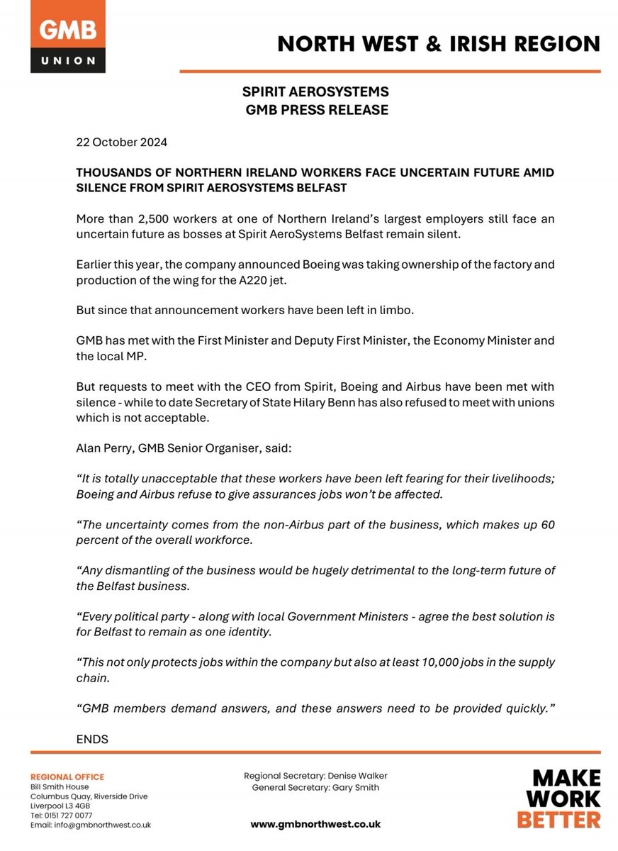 <a href="/GMBNI/">GMB Northern Ireland</a> PRESS RELEASE REGARDING SPIRIT AEROSYSTEMS 👇👇👇 @GMB_union_NWI <a href="/NIC_ICTU/">NIC ICTU</a> <a href="/newsondowntown/">Downtown News</a> <a href="/jude_webber/">Jude Webber</a> <a href="/BDTUC/">BelfastTradesCouncil</a> <a href="/jamesgould23/">James</a> <a href="/UTVNews/">UTV Live News</a> <a href="/BBCNewsNI/">BBC News NI</a> <a href="/irish_news/">The Irish News</a> <a href="/News_Letter/">Belfast News Letter</a> <a href="/BelTel/">Belfast Telegraph</a> <a href="/BelfastLive/">Belfast Live</a>