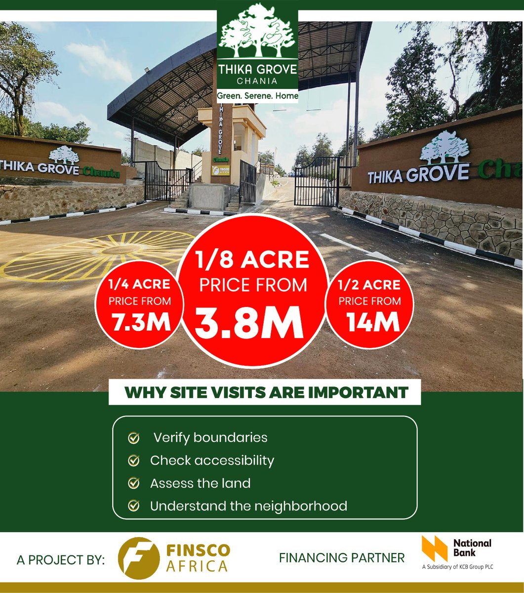 FinscoAfrica's tweet image. A site visit involves physical exploration, examination and assessment of the property intended to be purchased.

#finscoafrica #realestate #primeplots #SiteVisit #LandPurchase #RealEstateTips #propertyke #thikagrovechania #gatangaroad #ThikaRoad #wednesday
