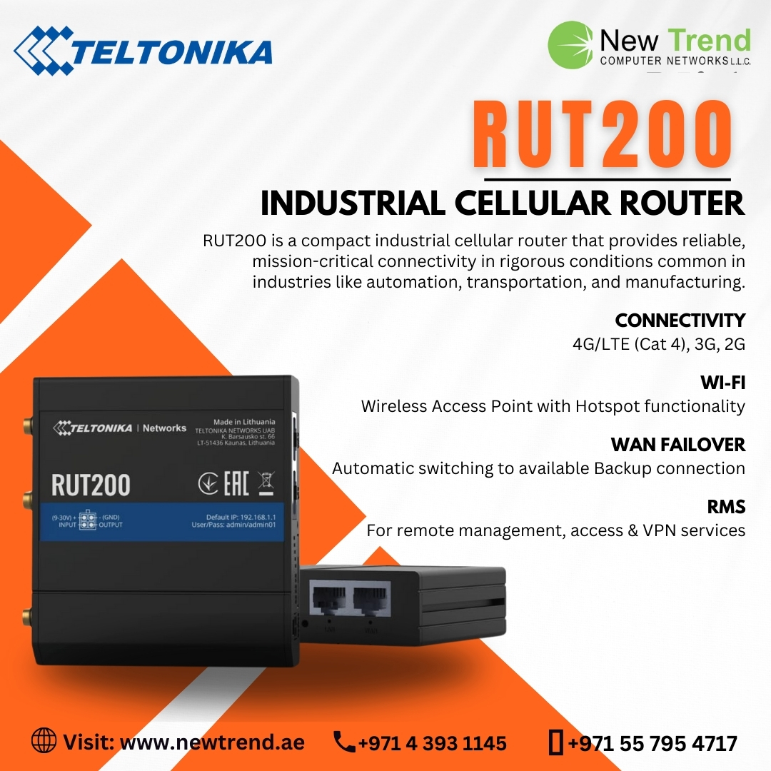 newtrendCN's tweet image. RUT200 is a compact industrial cellular router that provides reliable, mission-critical connectivity in rigorous conditions.

newtrend.ae OR Live chat: +971 507542792.

#RUT200 #IndustrialRouter #CellularConnectivity #4GLTE #ReliableNetworking #MissionCritical