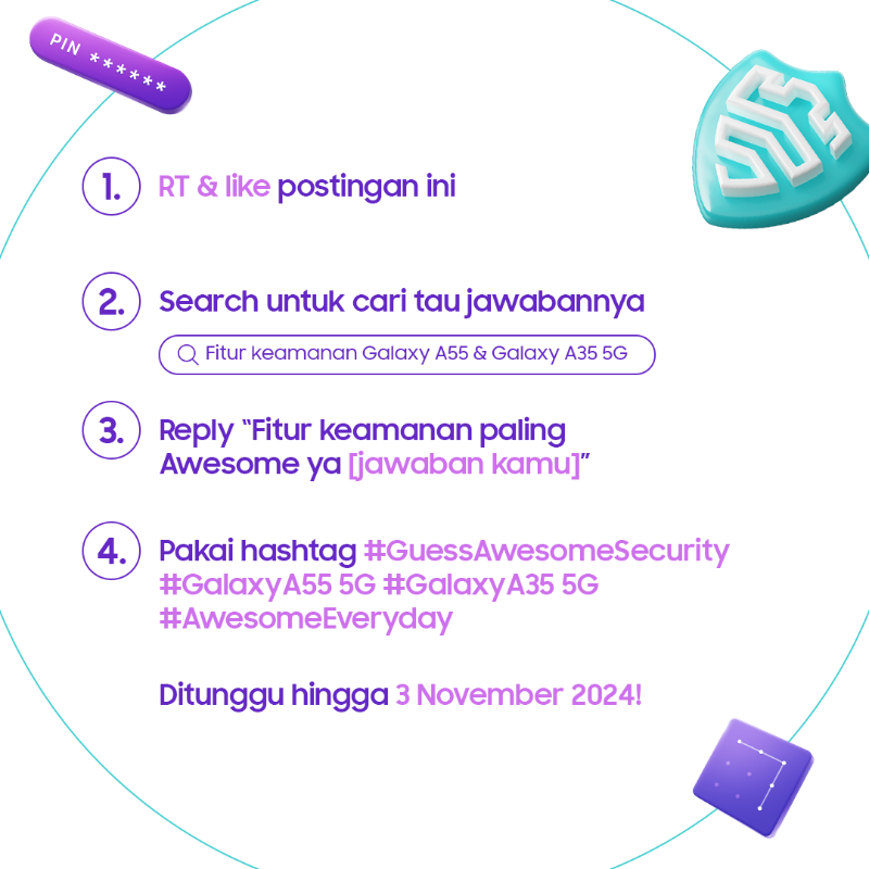 samsungID's tweet photo. Hi #AwesomeGeneration, ikutan Awesome Quiz ini yuk!🥳✨

1. RT &amp; like postingan ini
2. Cari jawabannya di Google
3. Reply “Fitur keamanan paling Awesome ya [jawaban kamu]”
4.Pakai hashtag #GuessAwesomeSecurity #GalaxyA55 5G #GalaxyA35 5G #AwesomeEveryday
5. Hingga 3 November 2024