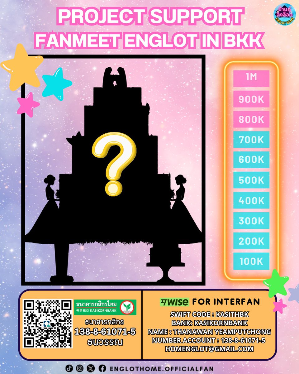 Englothome's tweet photo. PROJECT FANMEET ENGLOT IN BANGKOK จาก #บ้านคู่อิงล็อต

📢 Update​ : ยอดโดเนทวันที่ 23 ต.ค.67 (เวลา 08.46 น.)

💸จำนวน 738,854.98 บาท💸
(ระยะเวลาโดเนทวันนี้ -​ 31 ต.ค. 67)

⚠️ได้รวมยอดจากสินค้าจำนวน +150,000 บาท เข้าไปด้วย
***ยอดยังไม่สุ��ธิ***⚠️

📢 เปิดโดเนทสะสมของขวัญ​และโปรเจค "FANMEET​ ENGLOT​ IN​ BANGKOK" 

✨ธนาคารกสิกร (KBank)​
✨เลขบัญชี​ 138-8-61071-5
✨ชื่อบัญชี : ธนวรรณ

⚠️ยอดที่แจ้งไว้เป็นเพียงเป้าหมายที่กำหนดขึ้นมา ทางบ้านคู่จะซัพพอร์ตตามจำนวนยอดโดเนท ณ วันสรุปยอดสุดท้ายนะคะ⚠️

Englot Home is now accepting donation for "FANMEET​ ENGLOT​ IN​ BANGKOK" which is coming soon. Let’s start donating to support Englot Home’s special project for our Englot. 

✨Kasikorn Bank
✨Acc. No. 138-8-61071-5
✨Name : Thanawan 

⚠️The target amount is a tentative goal. We’ll support Englot based on the amount that we receive on the last day of donation. ⚠️
#อิงฟ้ามหาชน #ชาล็อตออสติน
#อิงล็อต #englot #บ้านคู่อิงล็อต