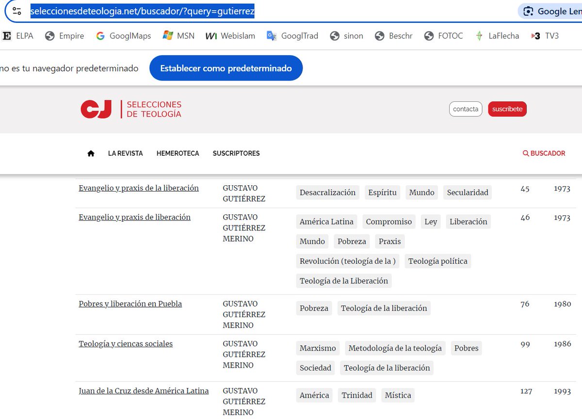 Ha fallecido Gustavo Gutiérrez, uno de los grandes teólogos de la Liberación y profundamente espiritual. En Selecciones de Teología hay 11 artículos suyos desde 1973 a 2020. Buen día para dejarse inspirar por él. <a href="/CiJusticia/">Cristianisme i Justícia</a> 

seleccionesdeteologia.net/buscador/?quer…