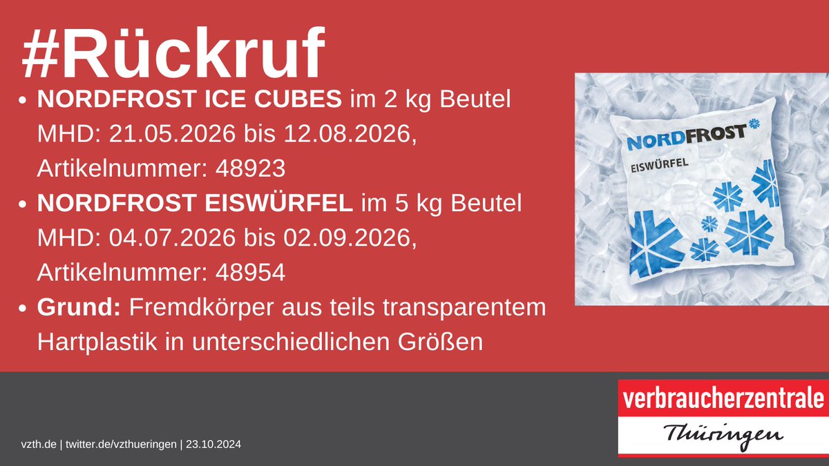 ‼️#Rückruf: #NORDFROST Ice Cubes im 2kg Beutel und NORDFROST Eiswürfel im 5 kg Beutel, Grund: Fremdkörper aus Plastik, alle Infos 👉lebensmittelwarnung.de/___lebensmitte…