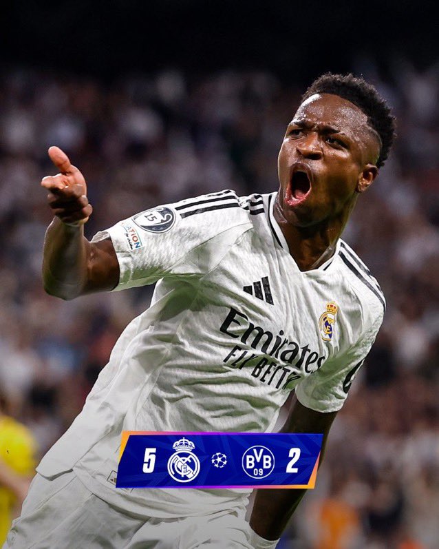 RtMjh73897's tweet photo. Hier mardi en @ChampionsLeague le Real Madrid a donné une leçon avec le Borussia Dortmund, en le battant 5-2 avec un triplé de @vinijr.  À la mi-temps, le @realmadridfra avait été mené au score 2-0. @RtMjh73897 https://t.co/80AqLHdHbp