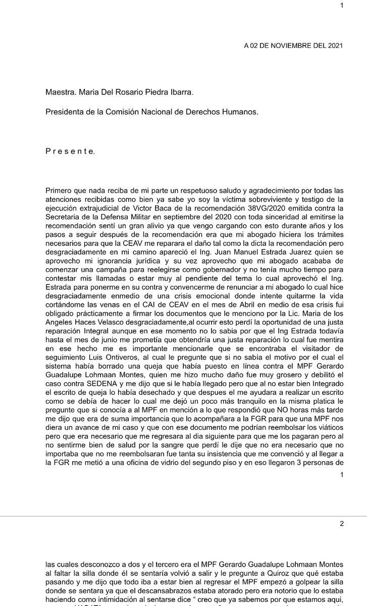 JRZ656MX52's tweet photo. 🧵 (1/3) Está carta la escribí a María del Rosario Piedra Ibarra la actual presidenta de la @CNDH en noviembre del 2021 en diciembre es cuando me golpeó el Oficial mayor y en mayo del 2023 es cuando OMAR PASARAN le fractura 3 costillas a mi mamá Laura Kabata. https://t.co/k9haatnxVR