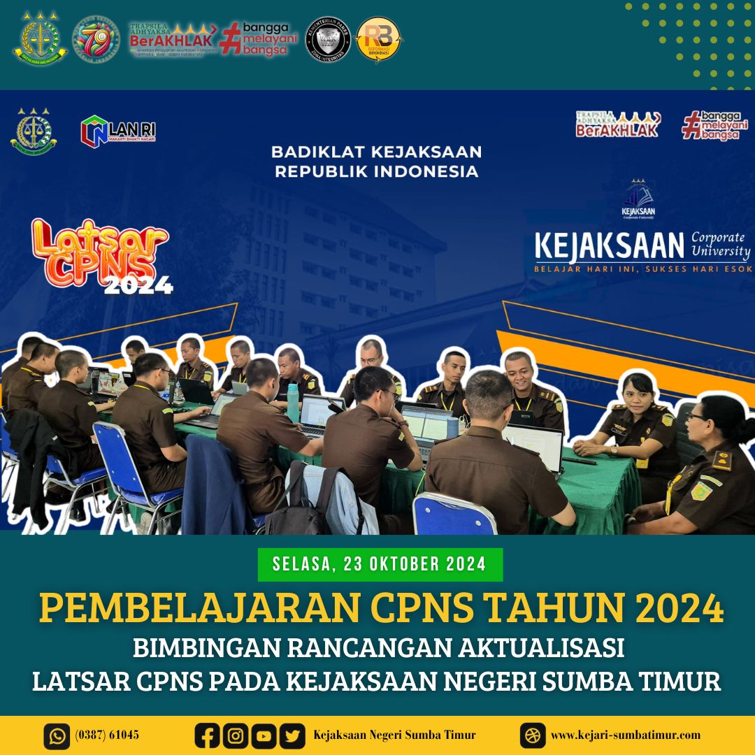 NegeriSumba's tweet photo. Rabu, 23 Oktober 2024.
Pembelajaran Tahapan Bimbingan Rancangan Aktualisasi yang diisi oleh Ibu Dewi Andriani M.Humau, S.H., M.H selaku Kepala Seksi PB3R Kejaksaan Negeri Sumba Timur dan Ibu Magdalena M. Raga selaku Kepala Sub Bagian Pembinaan Kejaksaan Negeri Sumba Timur. https://t.co/VtONUnt3jb