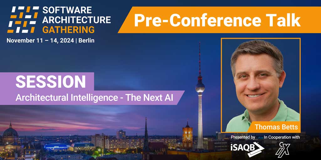 Software Architecture Gathering (@sag_conference) on Twitter photo In episode 4 of our pre-conference talks, <a href="/ThomasBetts/">Thomas Betts (ThomasBetts@hachyderm.io)</a> reveals his ideas for his session and discusses why developers shouldn't try to put #artificialintelligence into everything, but when #AI enhances our capabilities tremendously - if used properly. 🤖
>> In episode 4 of our pre-conference talks, <a href="/ThomasBetts/">Thomas Betts (ThomasBetts@hachyderm.io)</a> reveals his ideas for his session and discusses why developers shouldn't try to put #artificialintelligence into everything, but when #AI enhances our capabilities tremendously - if used properly. 🤖
>>