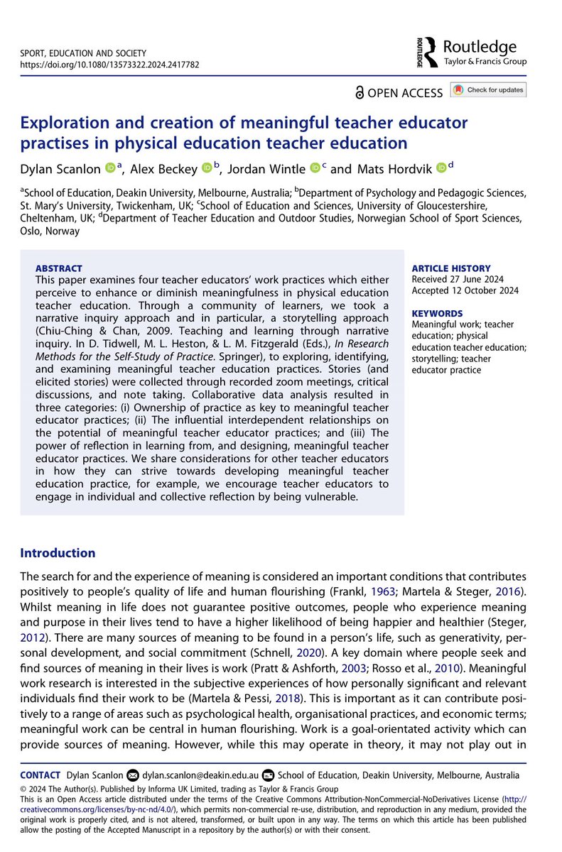 Dylan Scanlon (@dylan_scanlon1) on Twitter photo 🚨New pub w/ Alex Beckey <a href="/jordanwintlePE/">Jordan Wintle</a> <a href="/matshordvik/">Mats Hordvik</a> in <a href="/SESJournal/">Sport, Education and Society Journal</a>
Paper adopts a storytelling approach to explore meaningful teacher educator practices.
Read Open Access at: tandfonline.com/doi/full/10.10…
<a href="/deakinresearch/">Deakin Research</a> <a href="/DeakinArtsEd/">Deakin University - Arts & Ed</a> 🚨New pub w/ Alex Beckey <a href="/jordanwintlePE/">Jordan Wintle</a> <a href="/matshordvik/">Mats Hordvik</a> in <a href="/SESJournal/">Sport, Education and Society Journal</a>
Paper adopts a storytelling approach to explore meaningful teacher educator practices.
Read Open Access at: tandfonline.com/doi/full/10.10…
<a href="/deakinresearch/">Deakin Research</a> <a href="/DeakinArtsEd/">Deakin University - Arts & Ed</a>