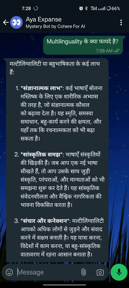 adishri99's tweet image. There’s a new #multilingualmodel in town, and I’m thrilled to have been one of the stealth testers of #AyaExpanse by @cohere, @CohereForAI 

This model is truly something special. Give it a try &amp;amp;chat with Aya Expanse yourself on WhatsApp: +14313028498. Trust me it’s amazing!🔥