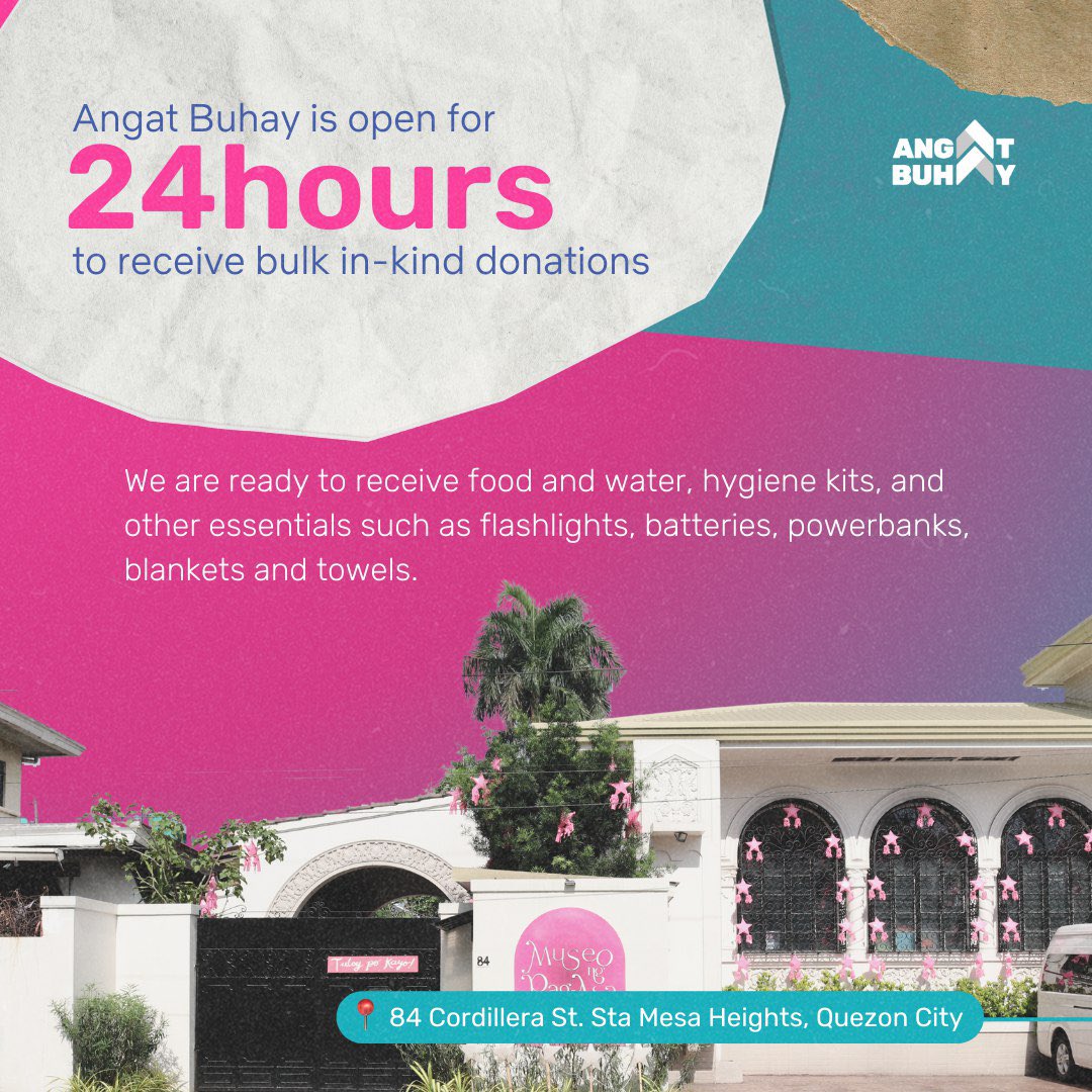 Simula ngayong araw, bukas ang Angat Buhay office nang 24hours para sa mga nagnanais pang magpaabot ng bulk in-kind donations. 
   
Magdi-dispatch din tayo ng truck araw-araw upang masigurong mahahatid natin ang mga donasyon sa mga apektadong pamilya ng #KristinePH.